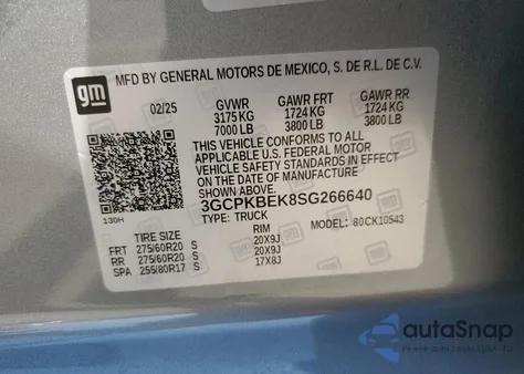 2025 Chevrolet Silverado K1500 Custom z USA, uszkodzony, nr VIN 3GCPKBEK8SG266640